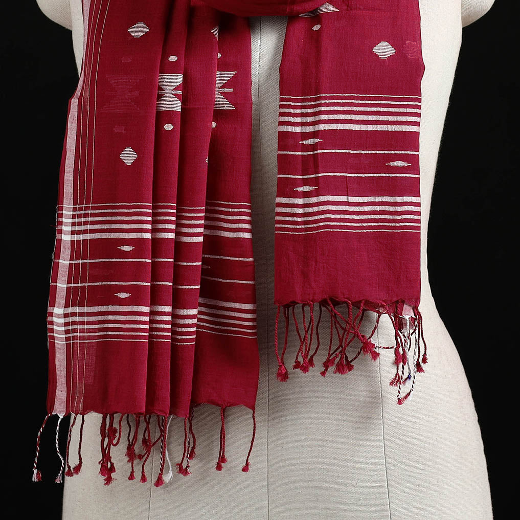 Maroon - Burdwan Jamdani Handloom Cotton Stole with Tassels 14