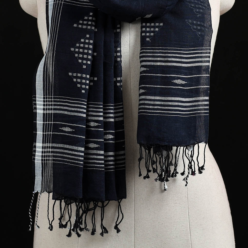 Blue - Burdwan Jamdani Handloom Cotton Stole with Tassels 16