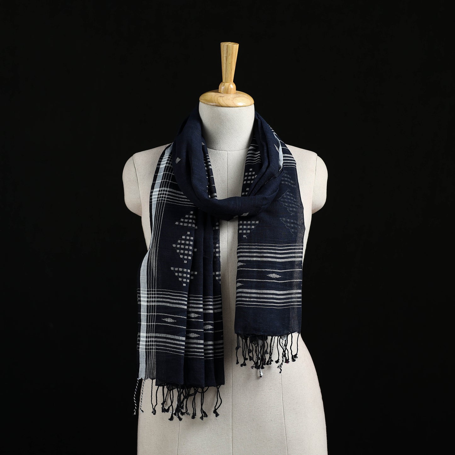 Blue - Burdwan Jamdani Handloom Cotton Stole with Tassels 16