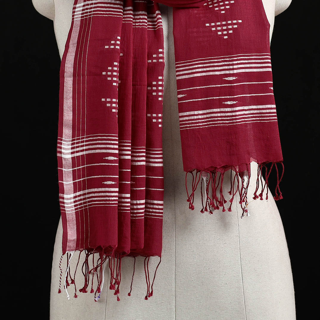Maroon - Burdwan Jamdani Handloom Cotton Stole with Tassels 17