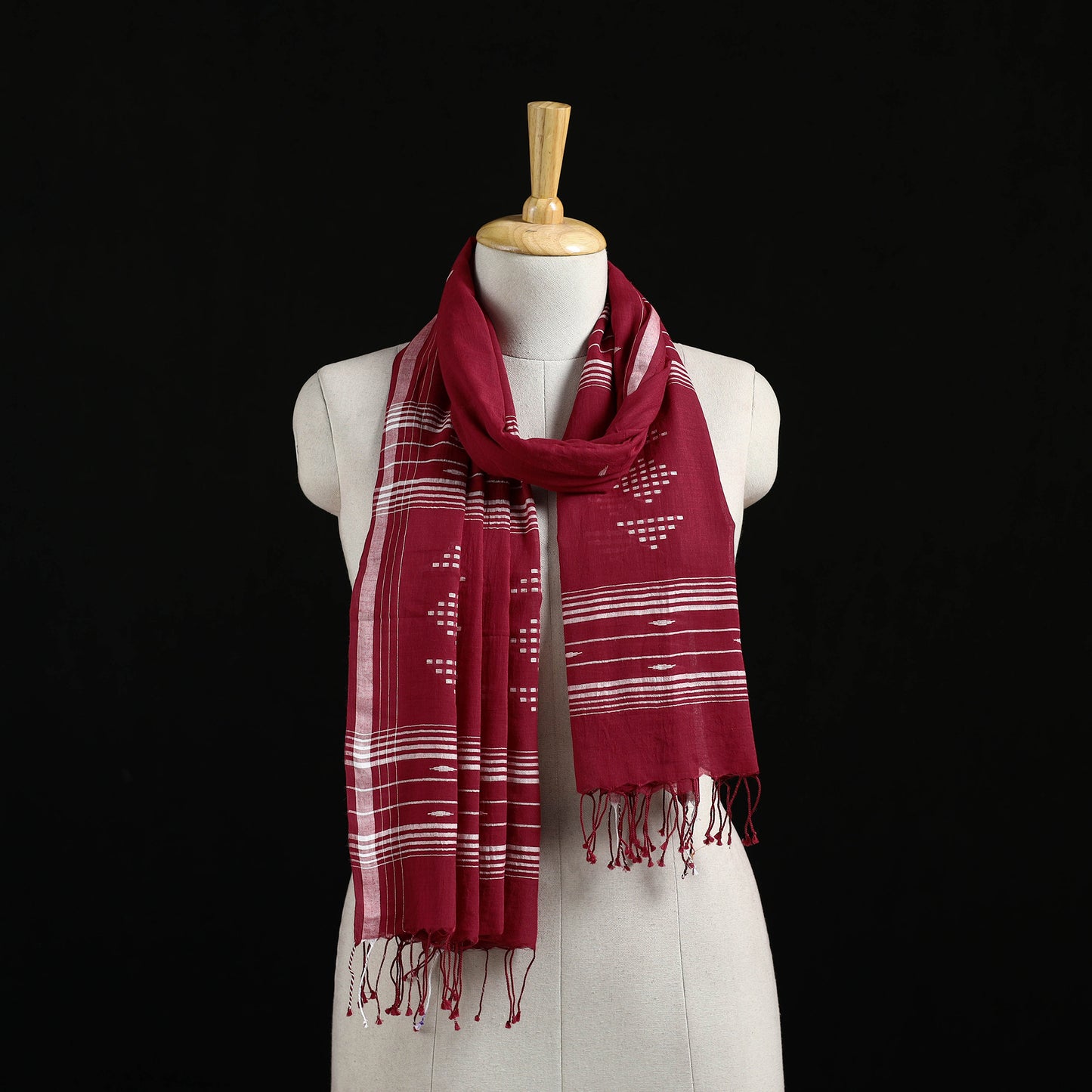 Maroon - Burdwan Jamdani Handloom Cotton Stole with Tassels 17