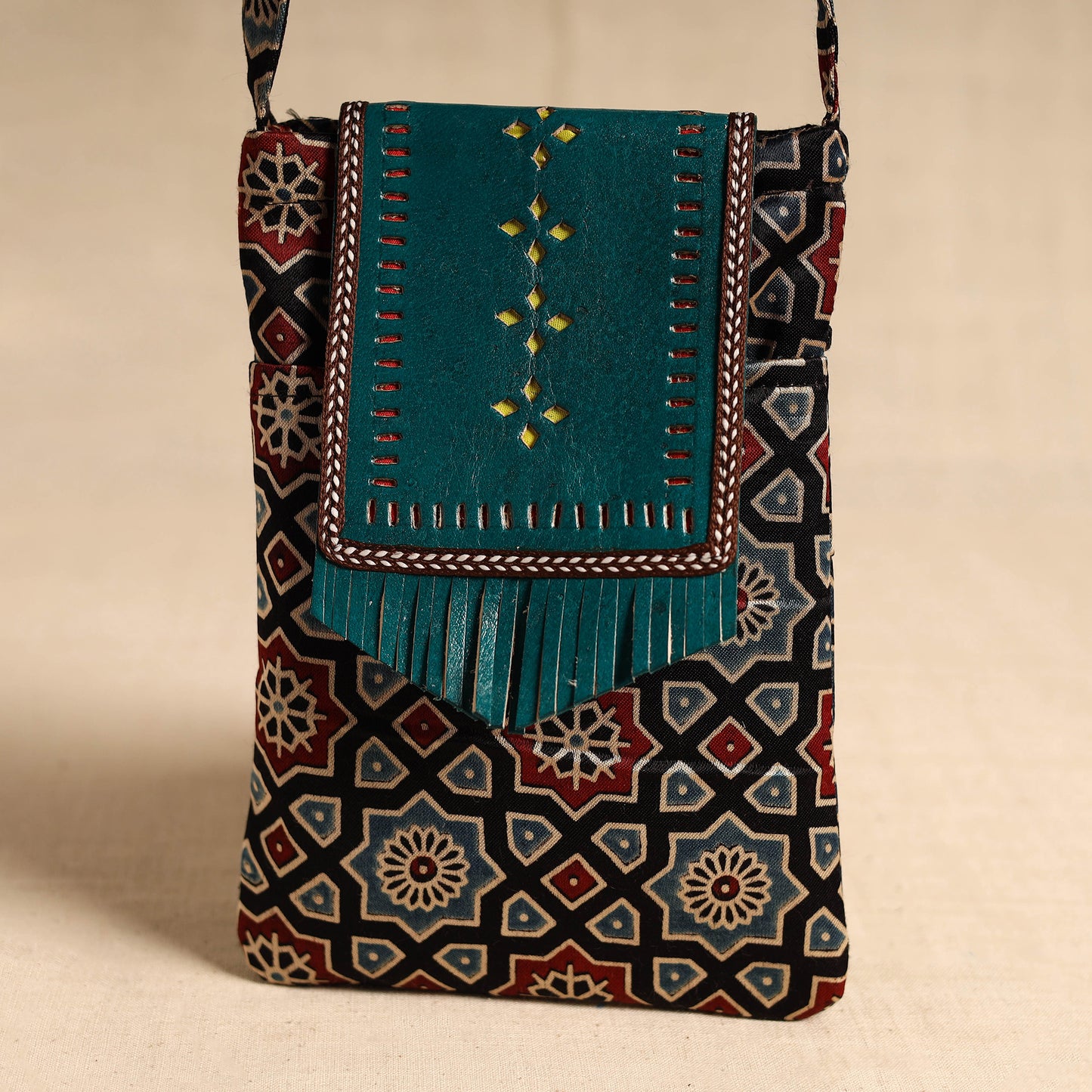 Traditional Kutch Mashru Silk Leather Flap Sling Bag 55