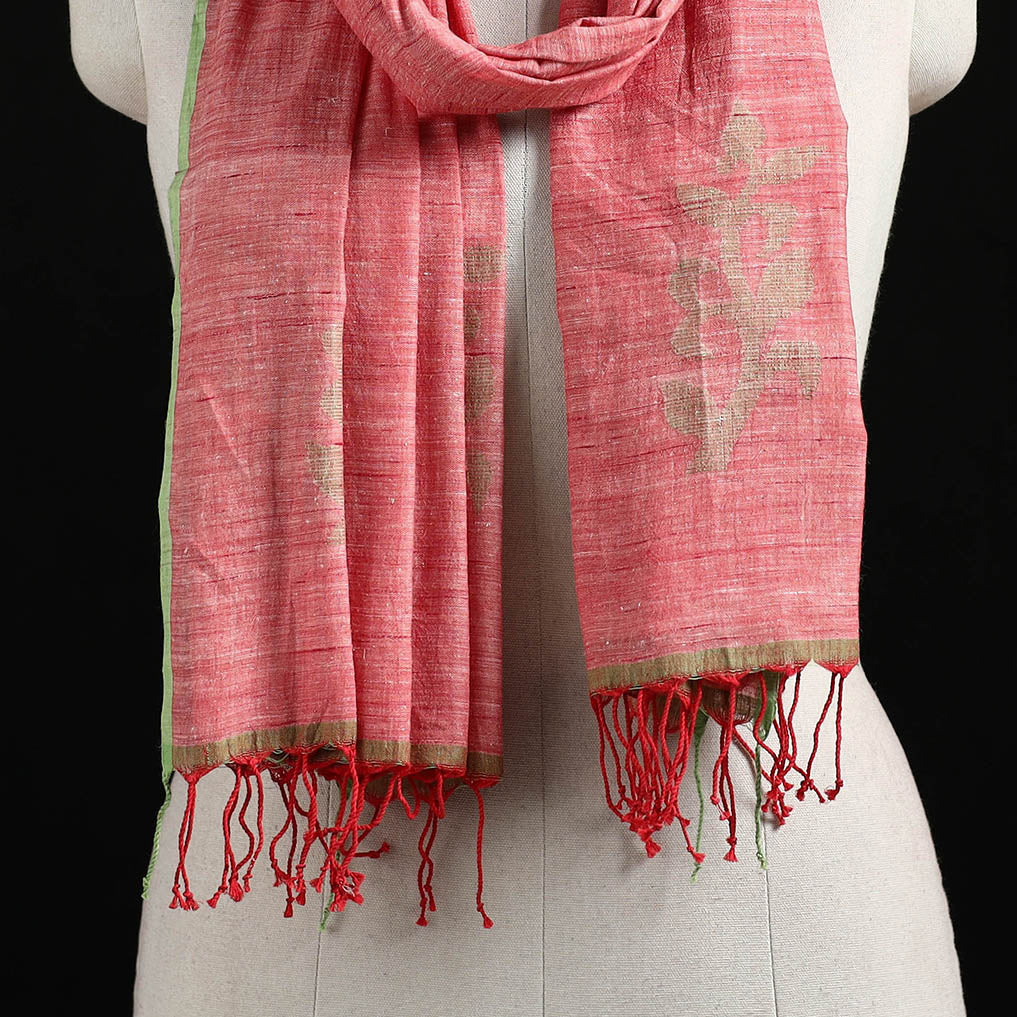 Pink - Burdwan Jamdani Handloom Cotton Stole with Tassels 18