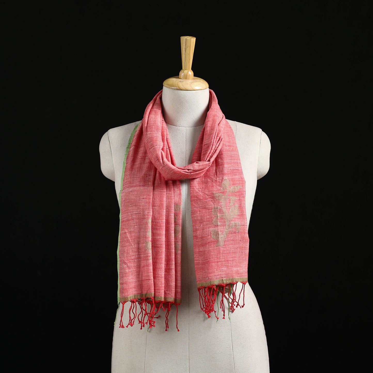 Pink - Burdwan Jamdani Handloom Cotton Stole with Tassels 18