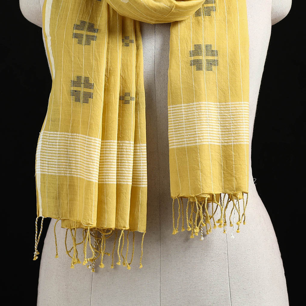 Yellow - Burdwan Jamdani Handloom Cotton Stole with Tassels 19