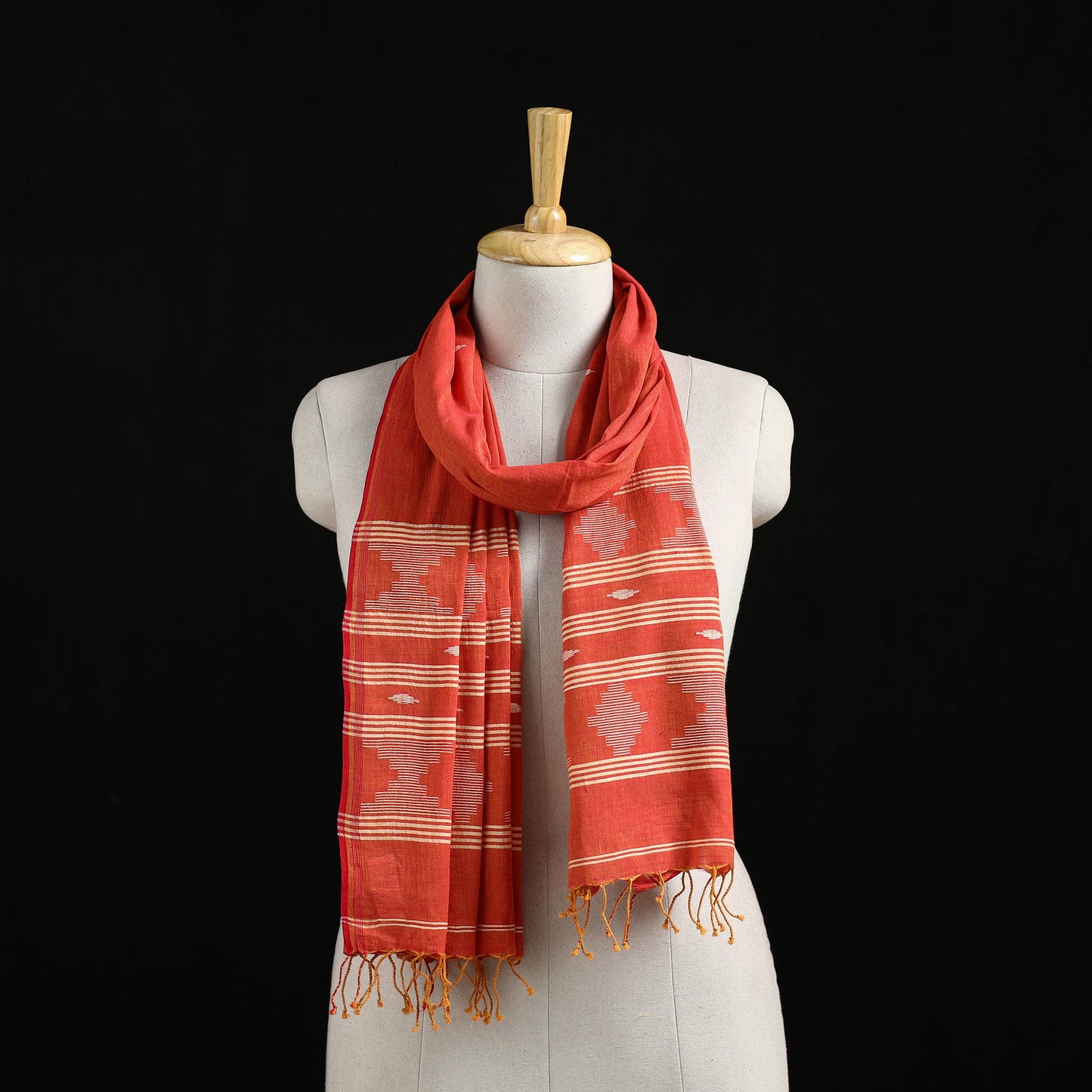 Red - Burdwan Jamdani Handloom Cotton Stole with Tassels 20