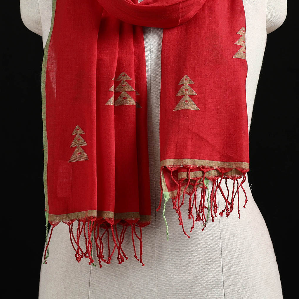 Red - Burdwan Jamdani Handloom Cotton Stole with Tassels 21