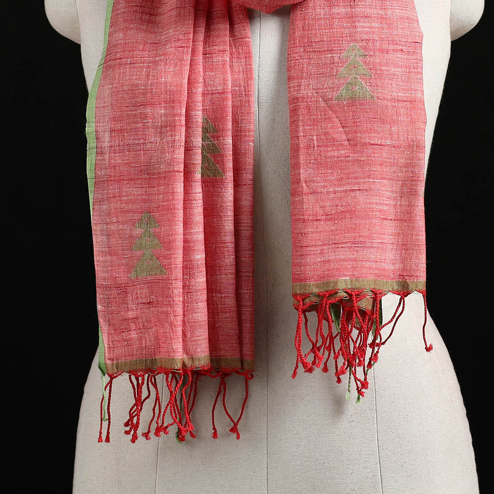 Red - Burdwan Jamdani Handloom Cotton Stole with Tassels 22