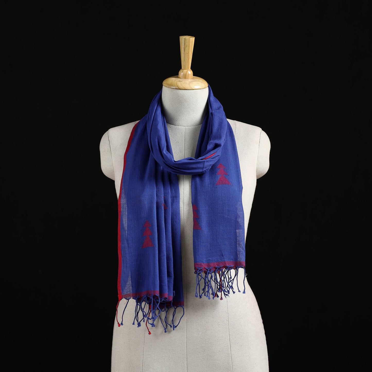 Blue - Burdwan Jamdani Handloom Cotton Stole with Tassels 23