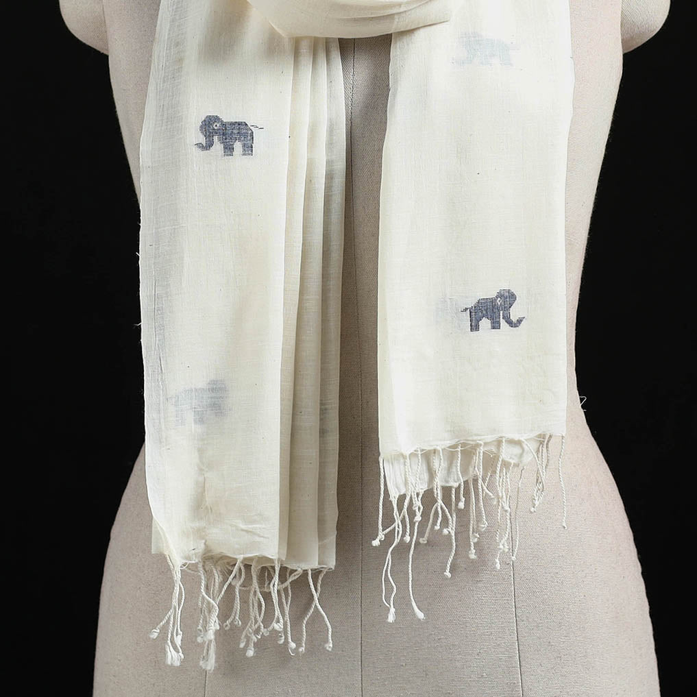 White - Burdwan Jamdani Handloom Cotton Stole with Tassels 24