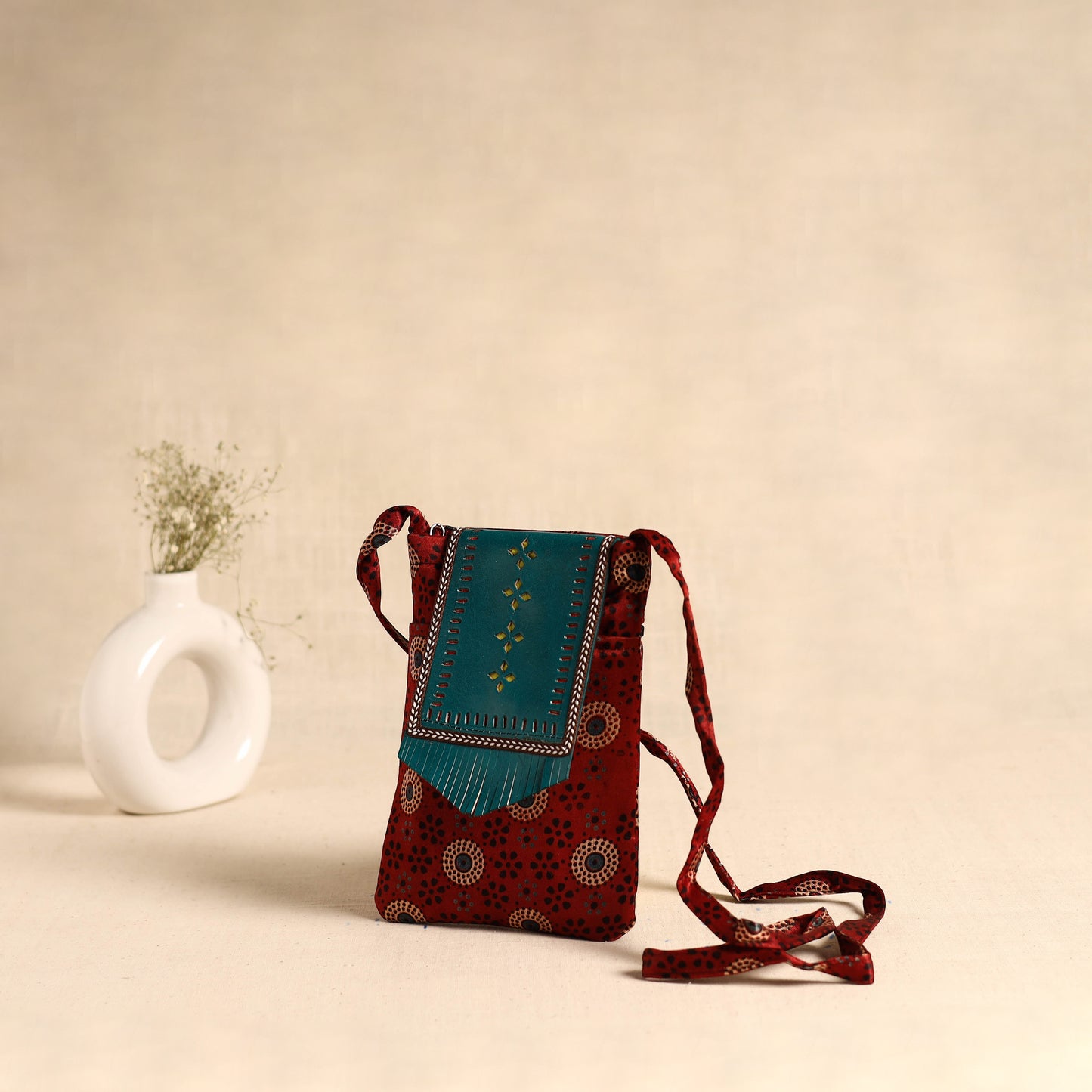 Traditional Kutch Mashru Silk Leather Flap Sling Bag 56