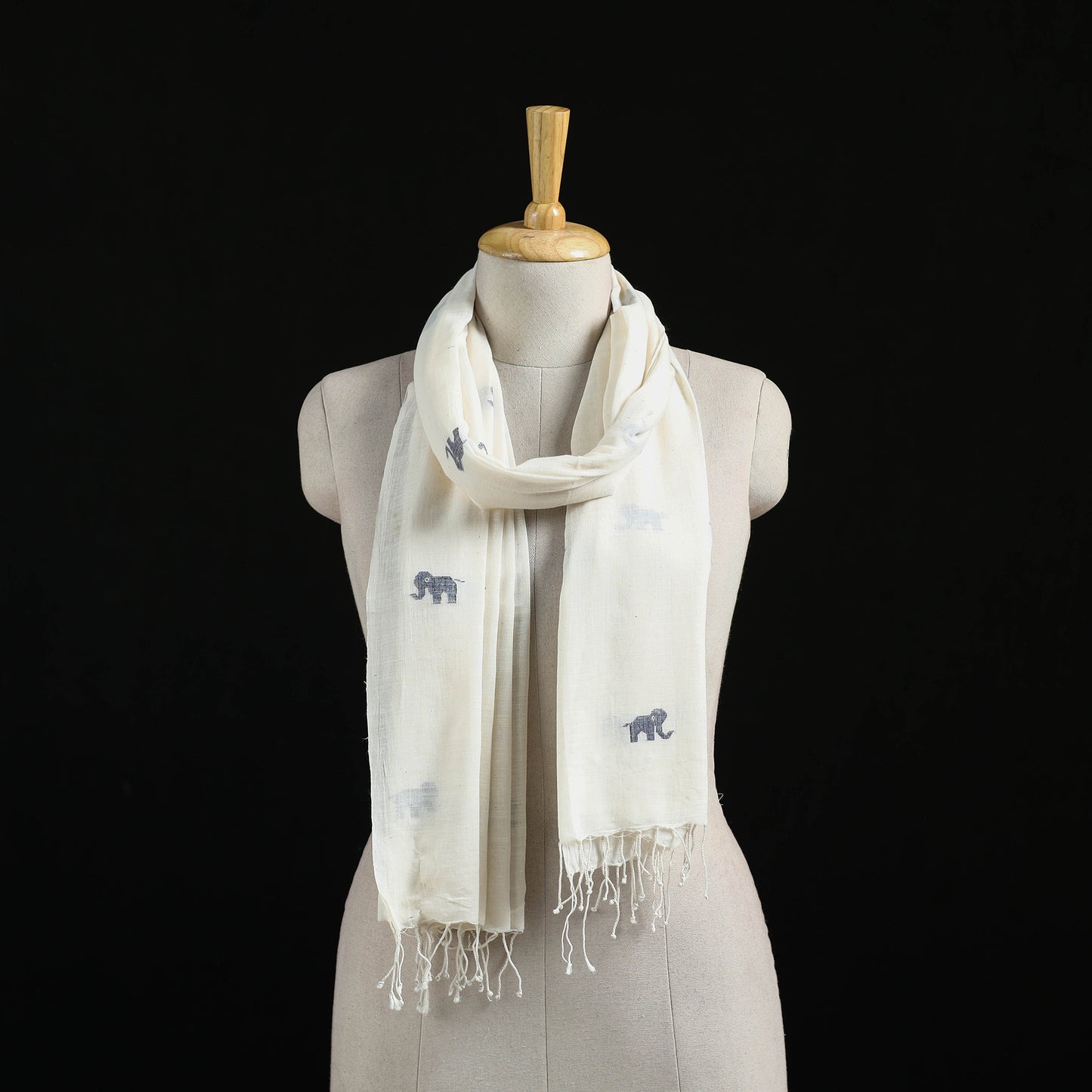 White - Burdwan Jamdani Handloom Cotton Stole with Tassels 24