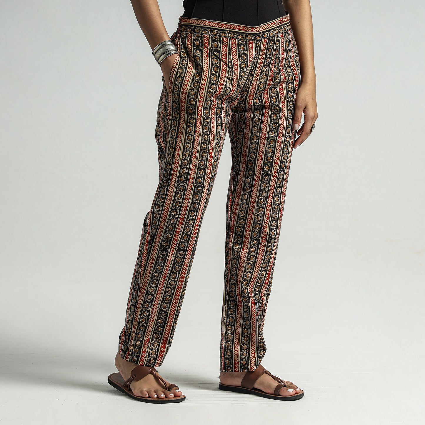 Black - Kalamkari Block Printed Cotton Elasticated Pant