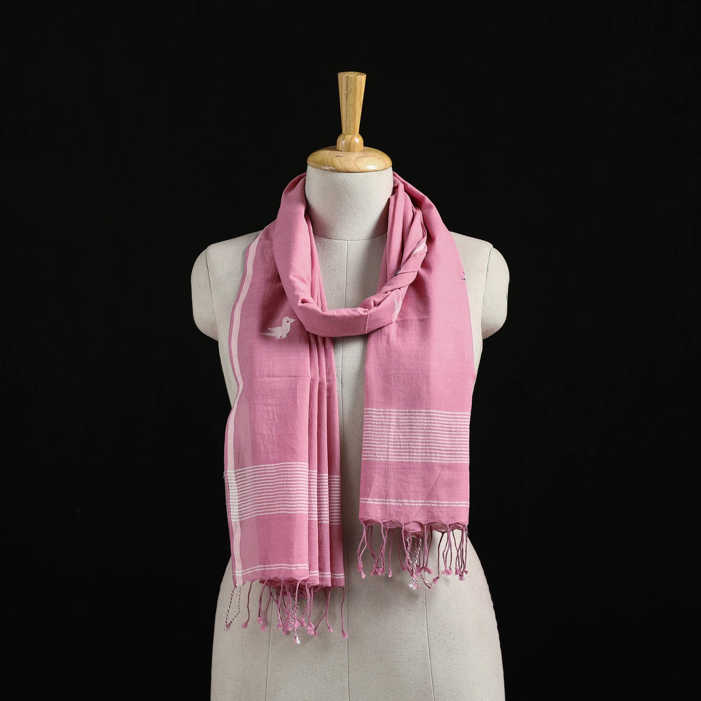 Pink - Burdwan Jamdani Handloom Cotton Stole with Tassels 26