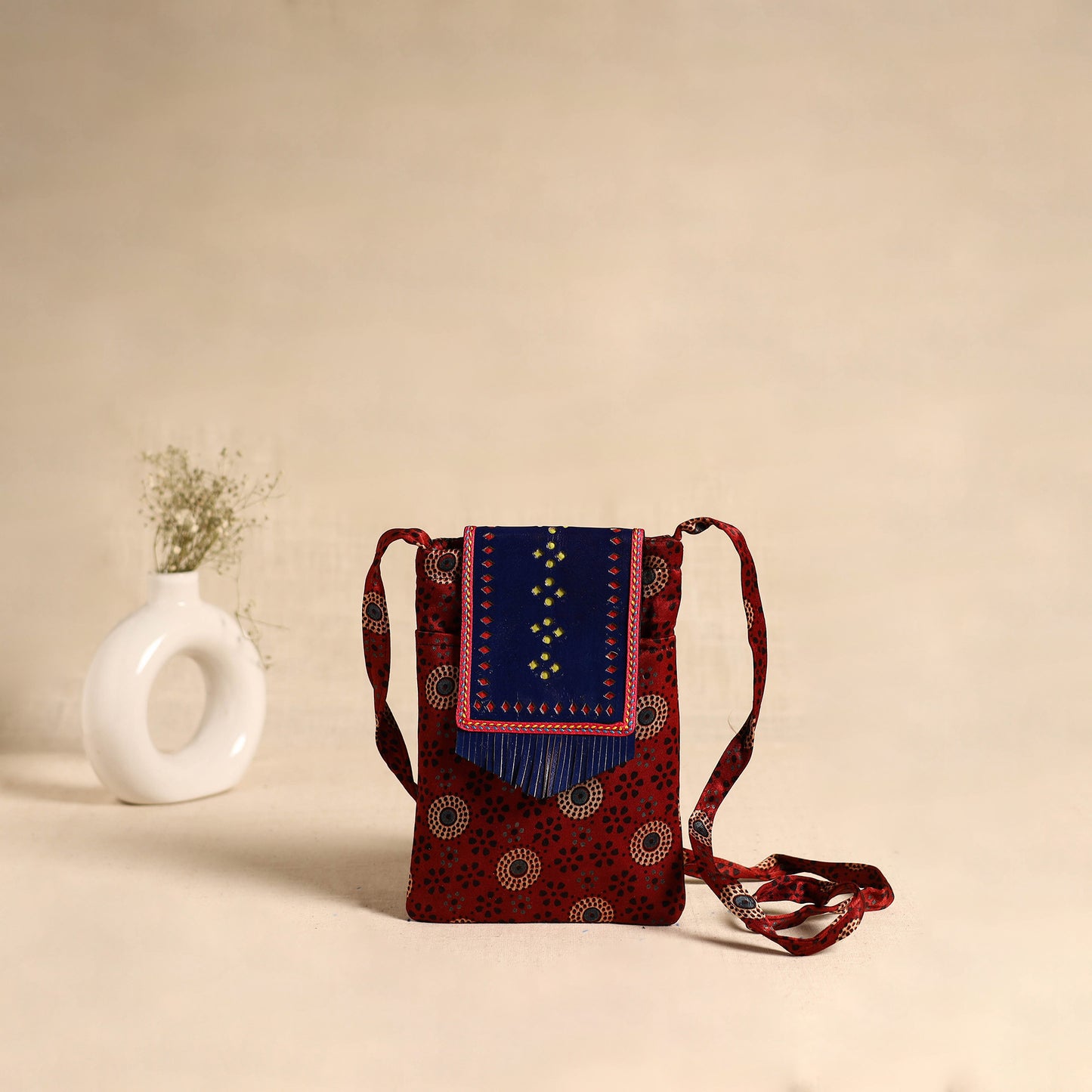 Traditional Kutch Mashru Silk Leather Flap Sling Bag 57