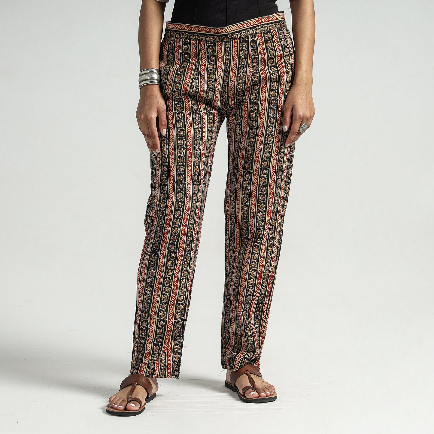 Black - Kalamkari Block Printed Cotton Elasticated Pant