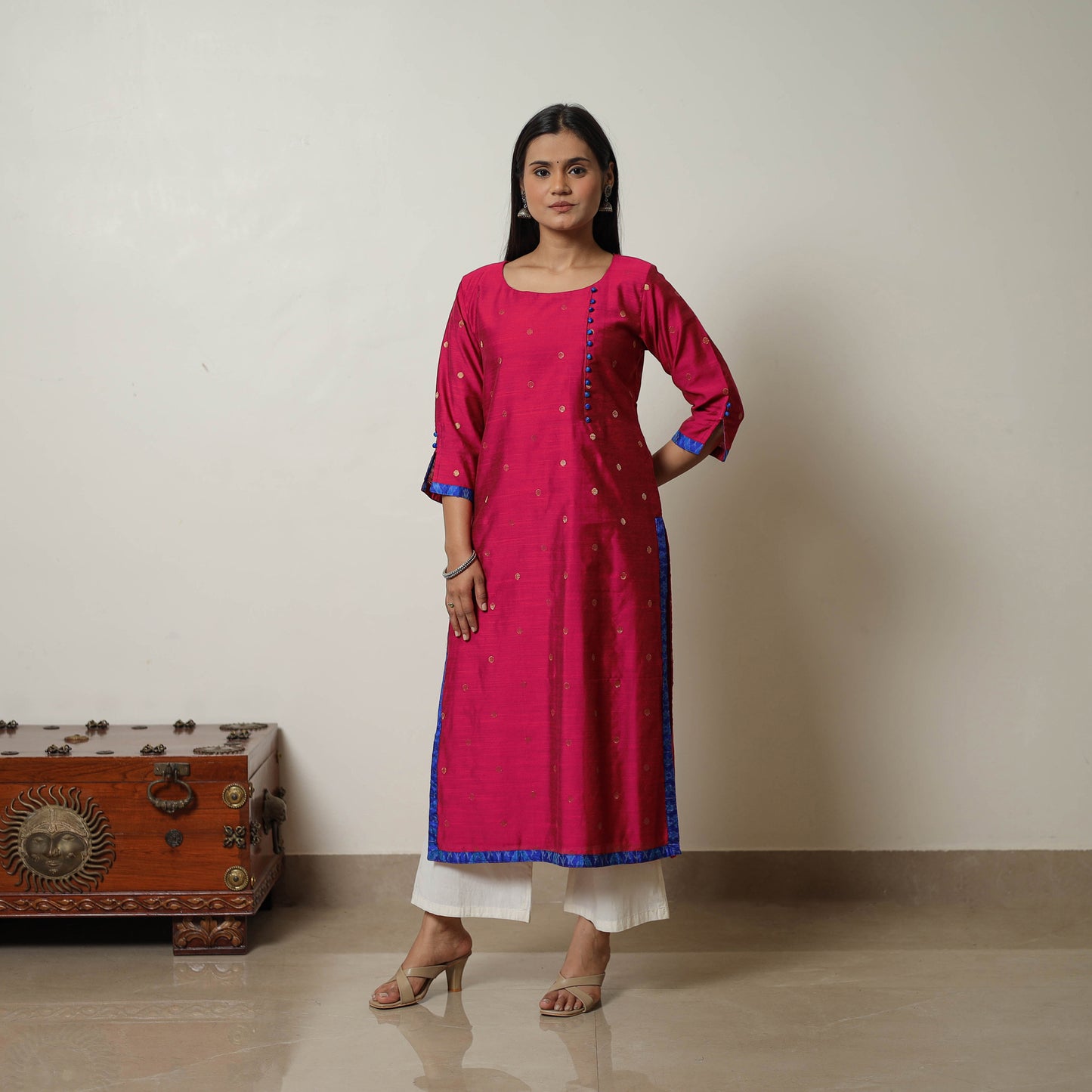 Pink - Polka Zari Butta Spun Dupion Silk Straight Plain Kurta 02