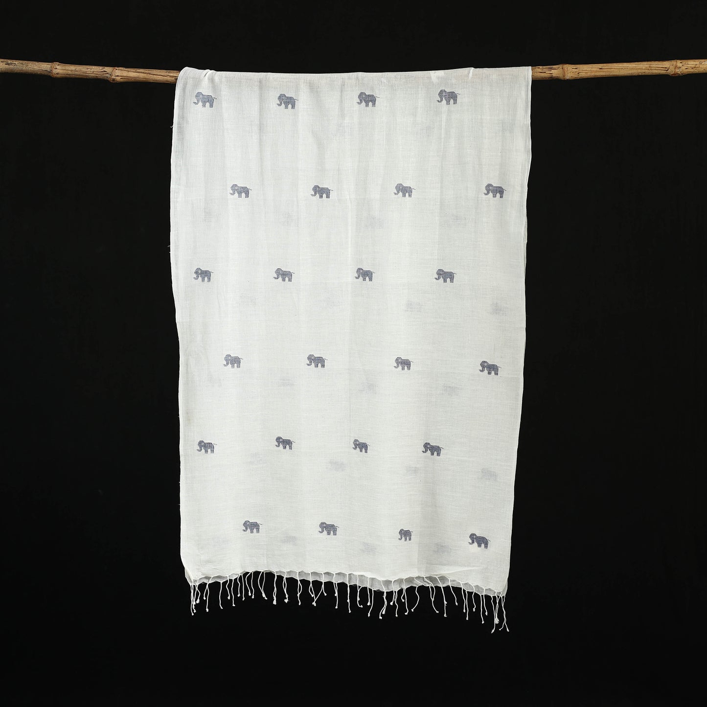 White - Burdwan Jamdani Handloom Cotton Stole with Tassels 24