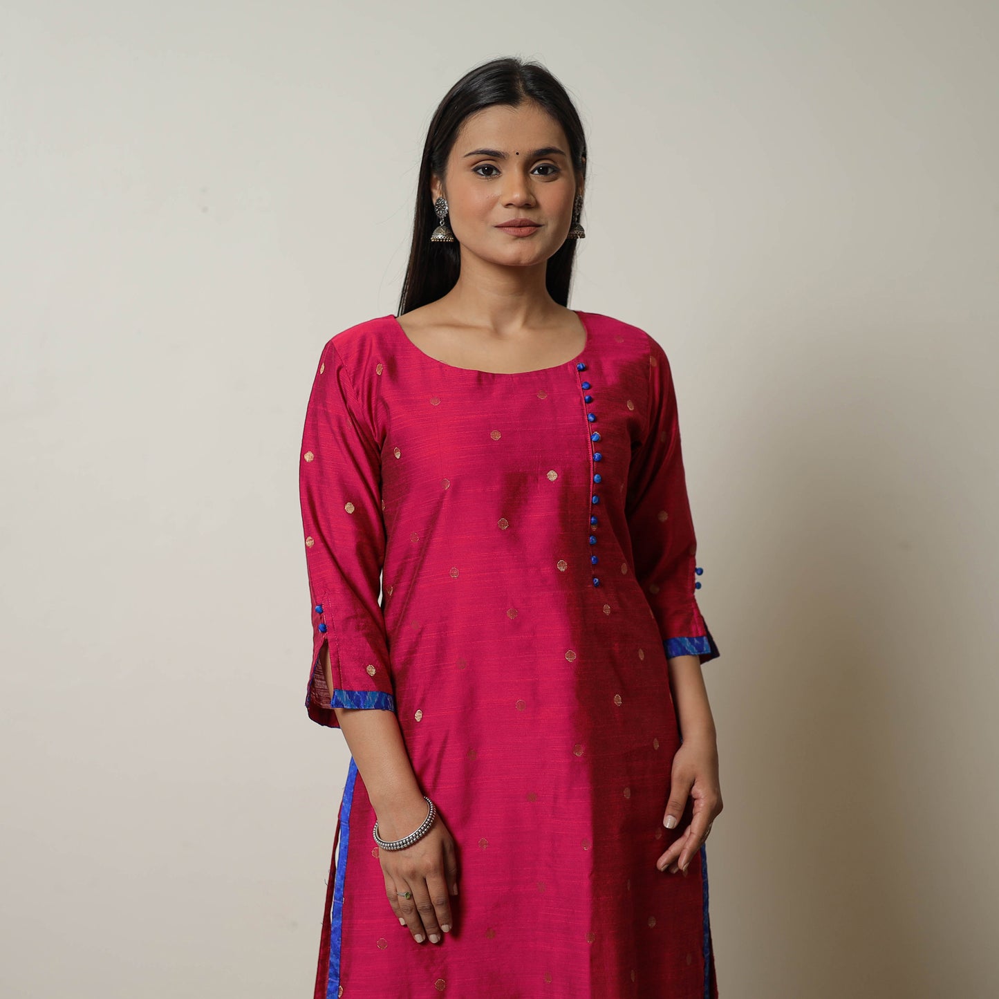 Pink - Polka Zari Butta Spun Dupion Silk Straight Plain Kurta 02