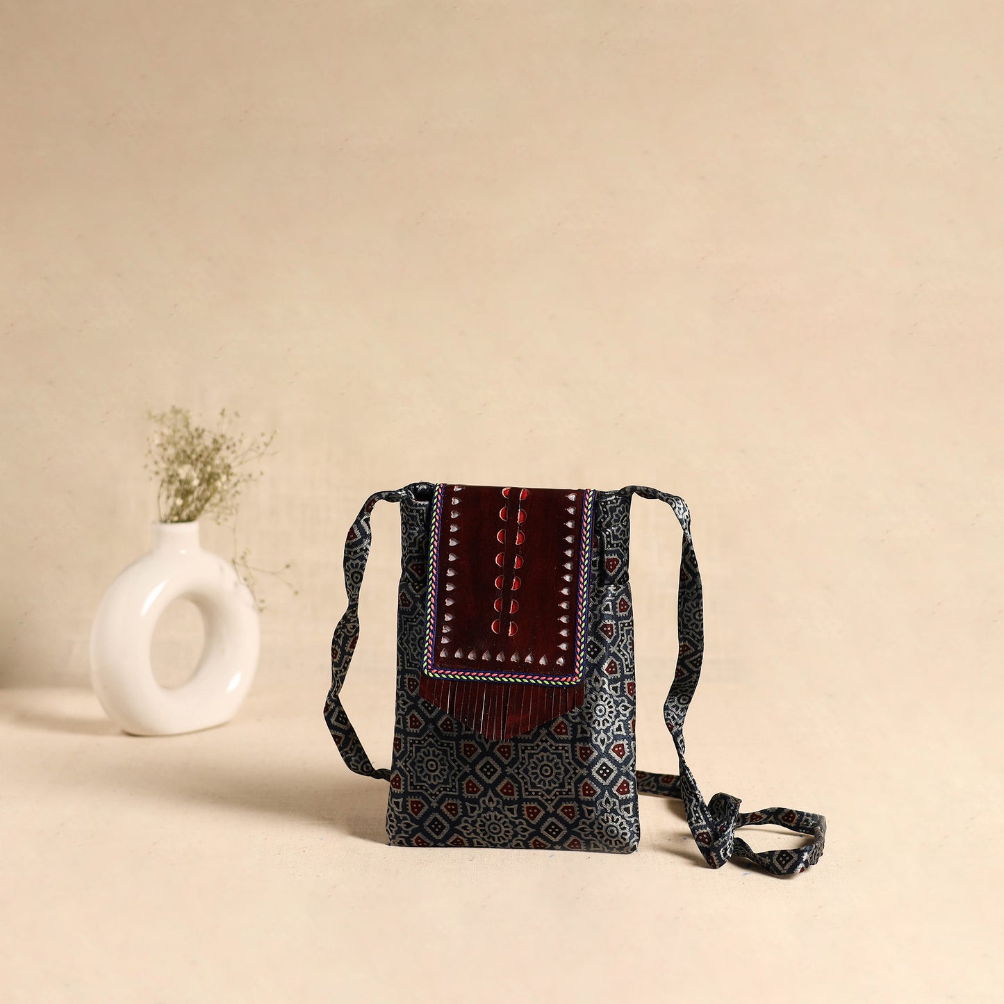 Traditional Kutch Mashru Silk Leather Flap Sling Bag 60