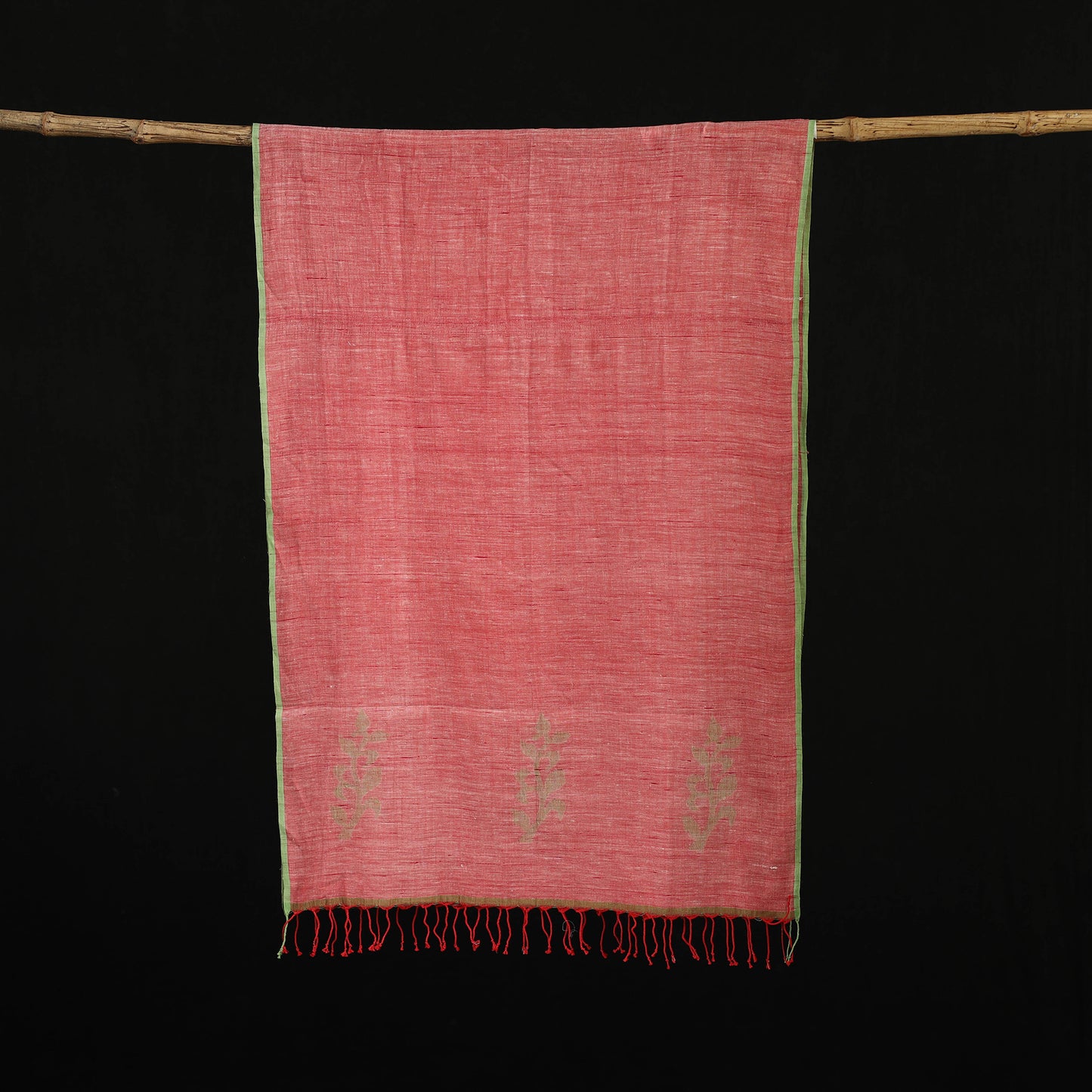 Pink - Burdwan Jamdani Handloom Cotton Stole with Tassels 18
