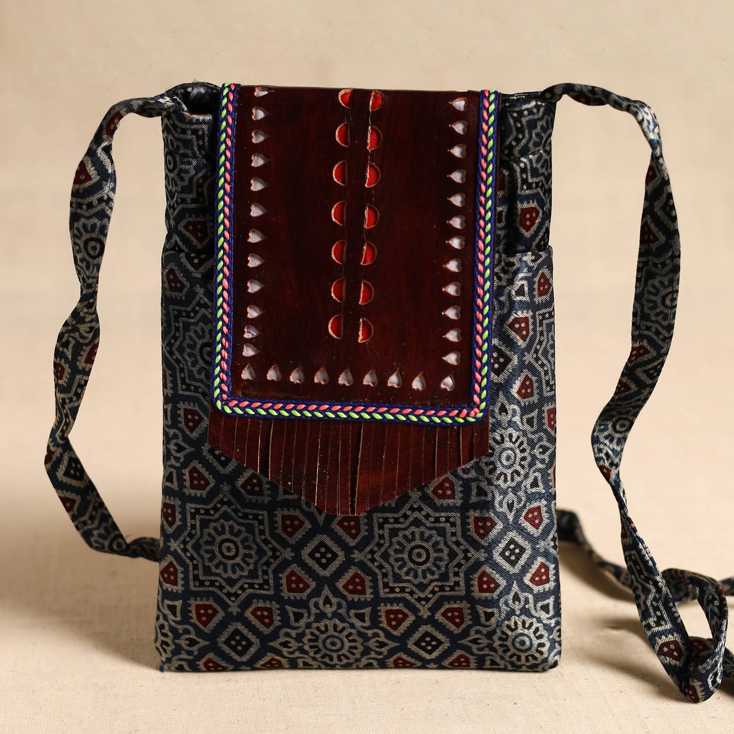 Traditional Kutch Mashru Silk Leather Flap Sling Bag 60