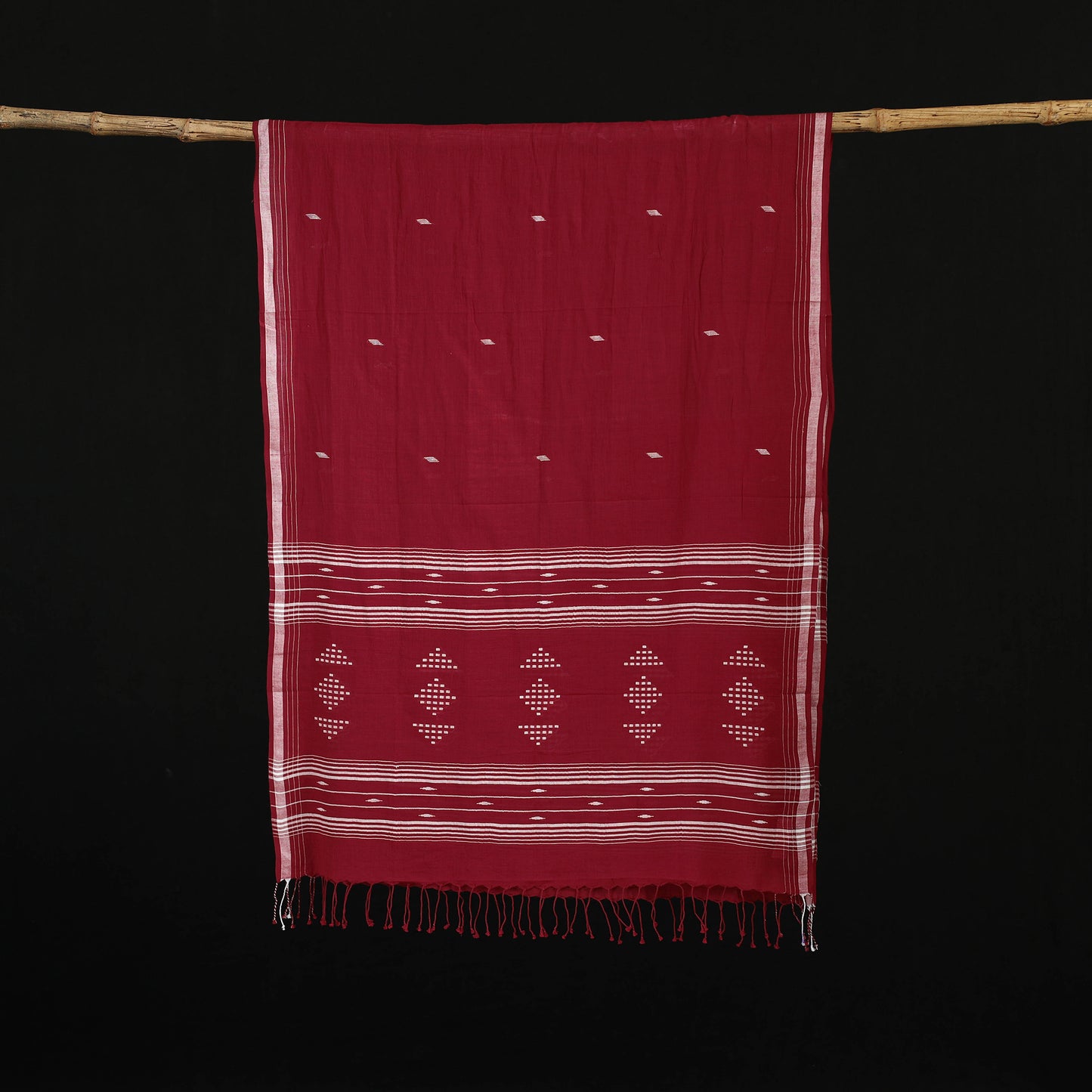 Maroon - Burdwan Jamdani Handloom Cotton Stole with Tassels 17
