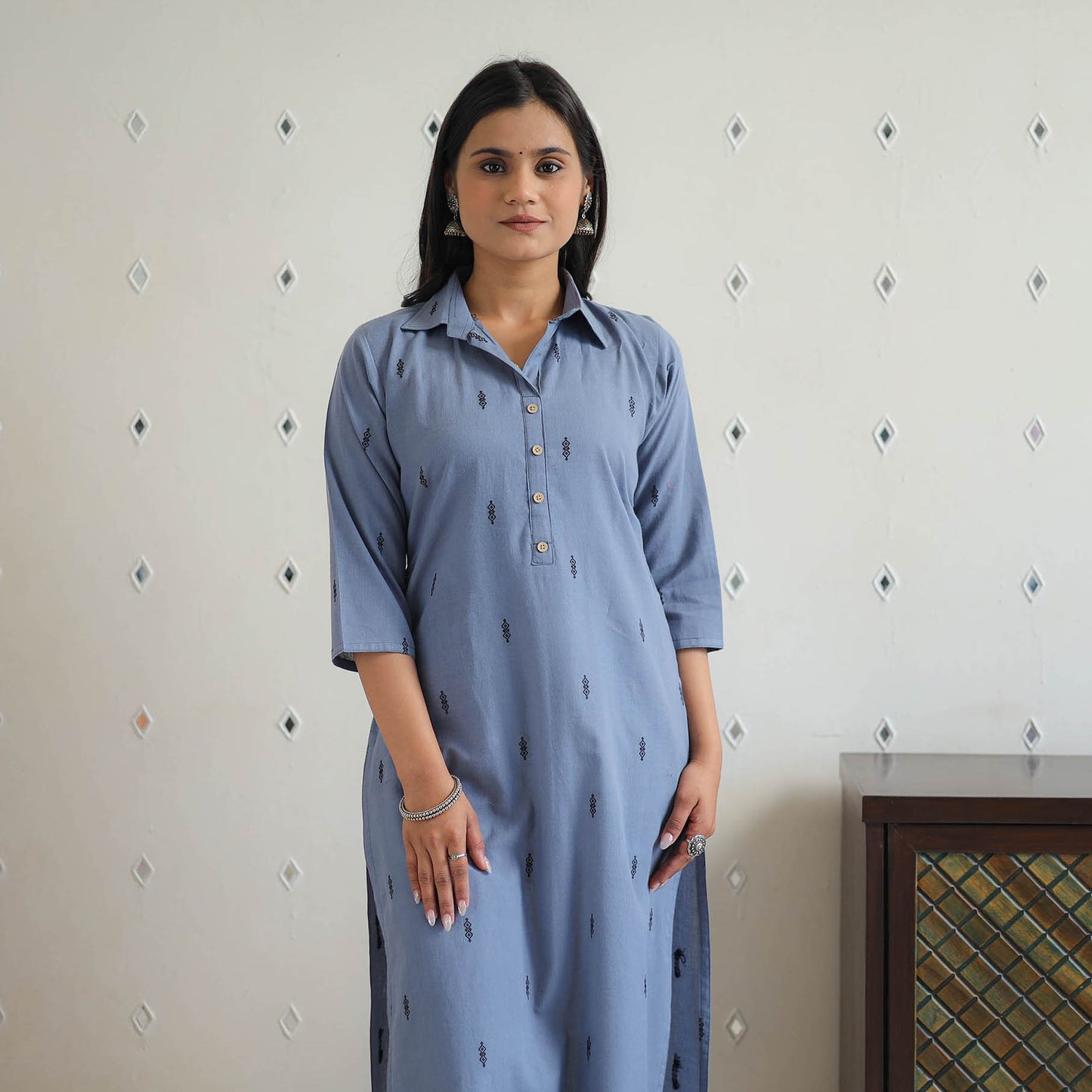 Buy Blue Pure Cotton Straight Jacquard Kurta Online in India