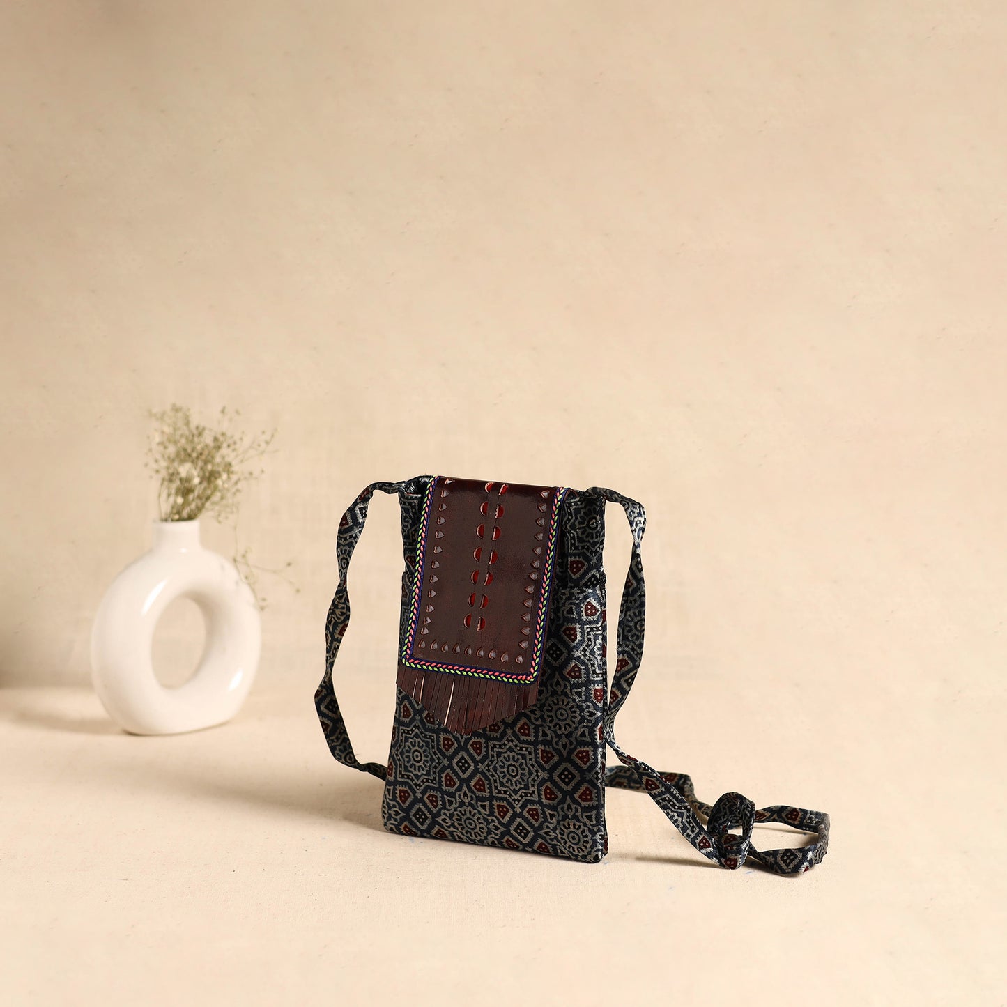 Traditional Kutch Mashru Silk Leather Flap Sling Bag 60