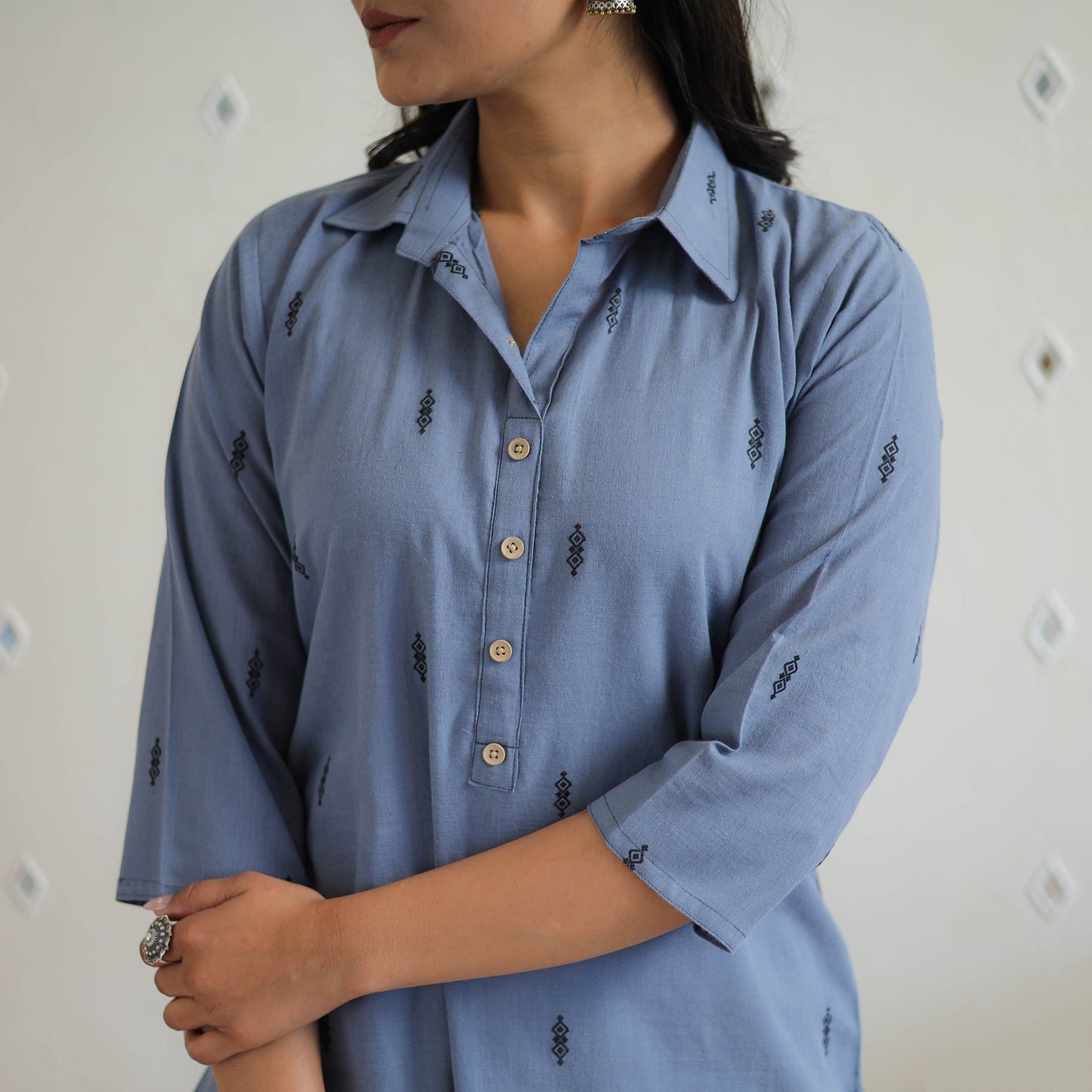 Buy Blue Pure Cotton Straight Jacquard Kurta Online in India