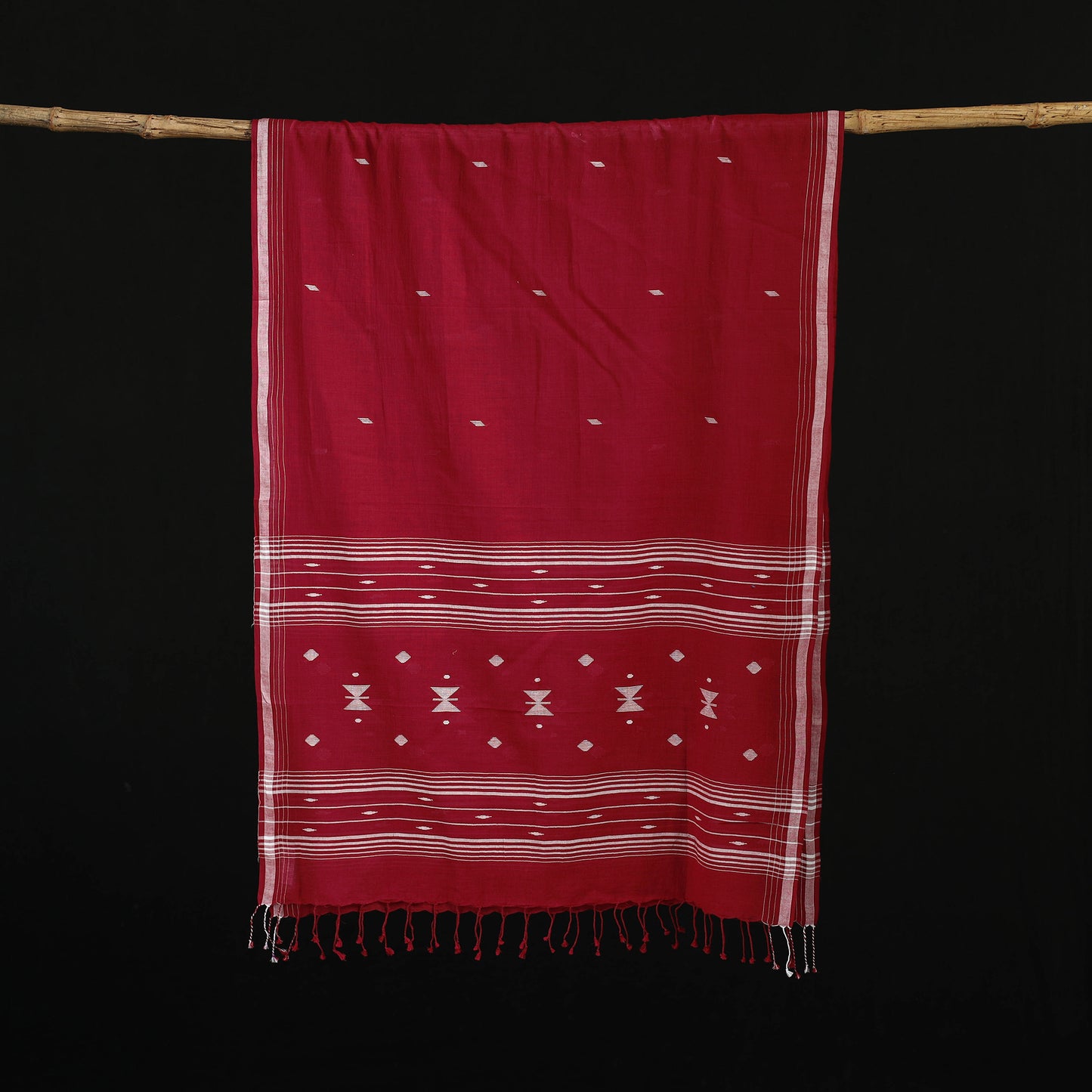 Maroon - Burdwan Jamdani Handloom Cotton Stole with Tassels 14