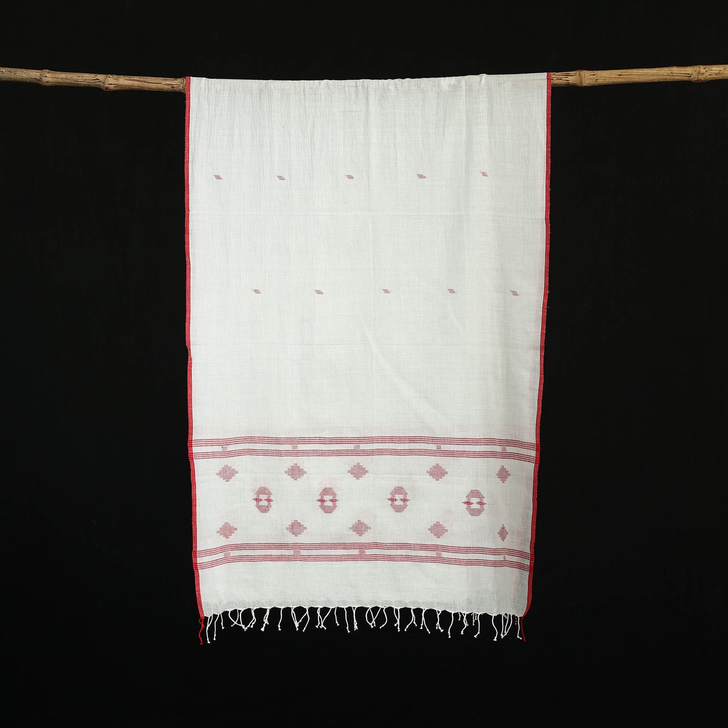 White - Burdwan Jamdani Handloom Cotton Stole with Tassels 12