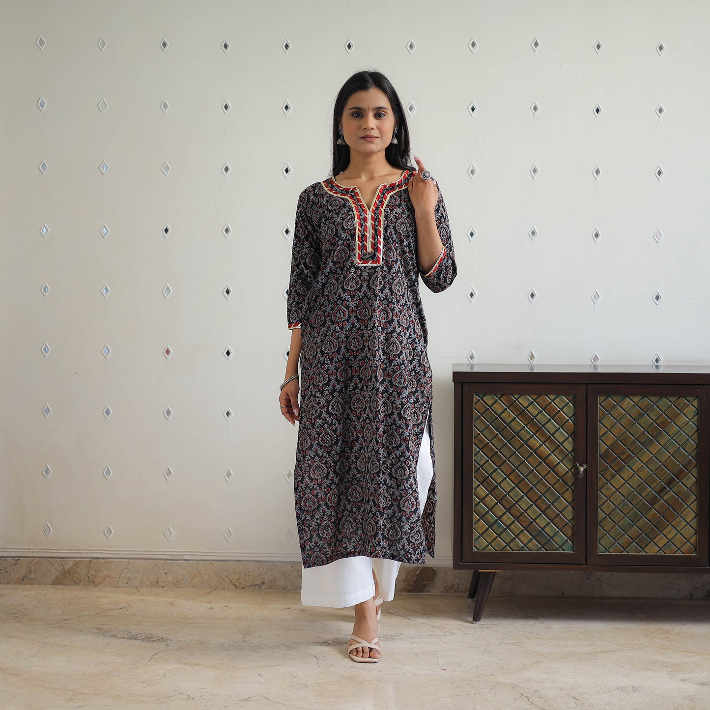 Black - Block Printed Cotton Gota Work Long Ajrakh Kurta 15