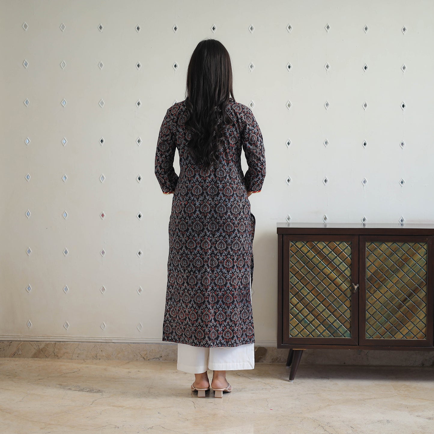 Black - Block Printed Cotton Gota Work Long Ajrakh Kurta 15