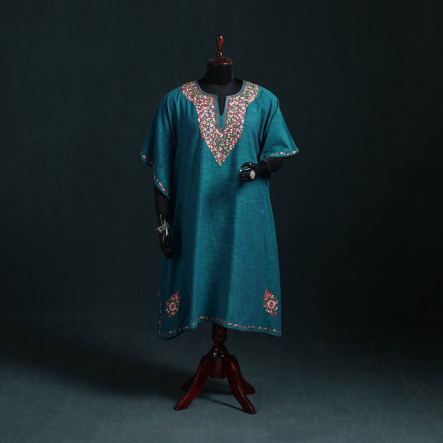 Blue - Kashmiri Kashida Hand Embroidered Cotton Kaftan (Medium) 16