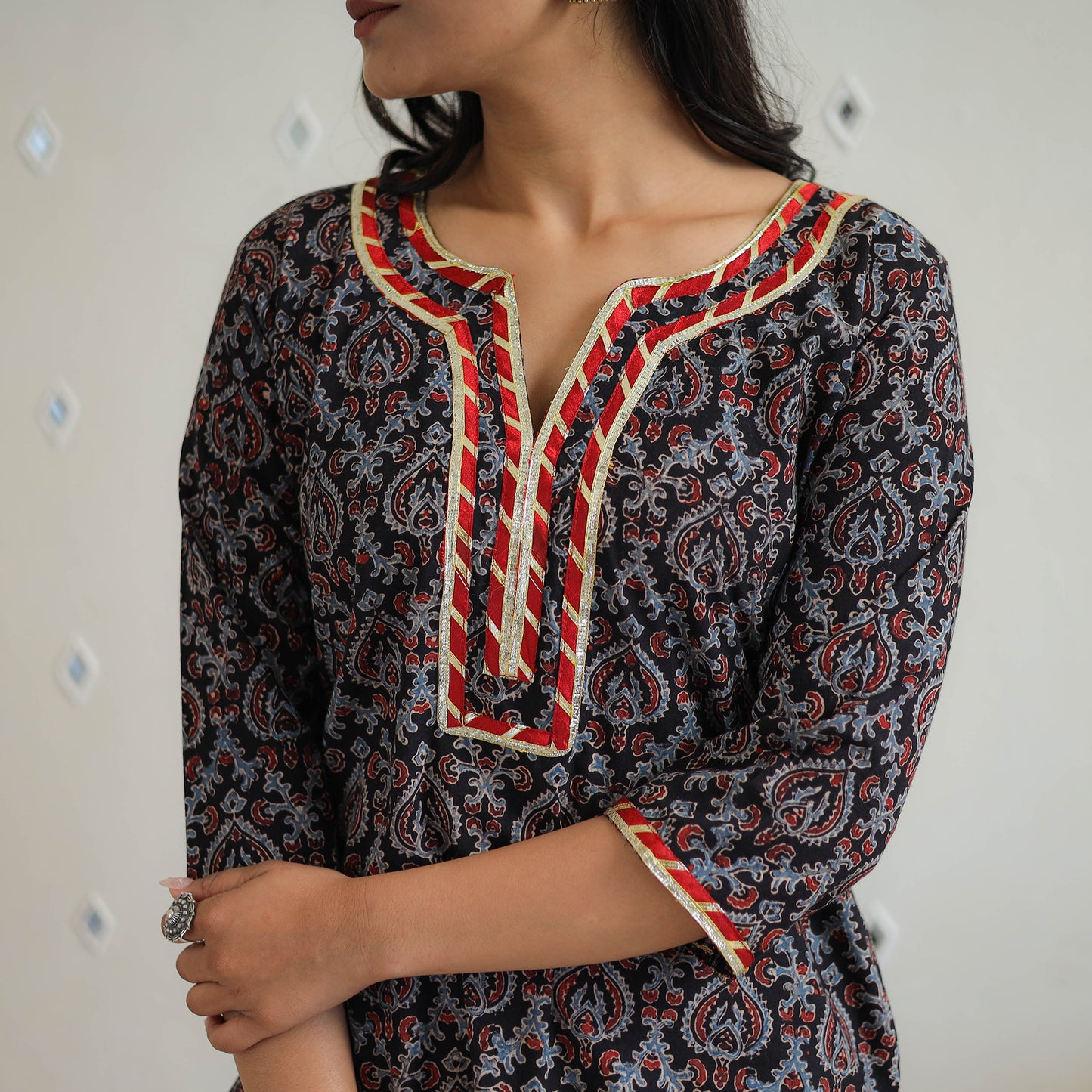 Black - Block Printed Cotton Gota Work Long Ajrakh Kurta 15