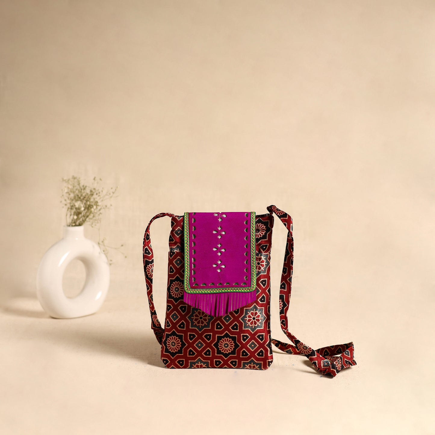 Traditional Kutch Mashru Silk Leather Flap Sling Bag 63