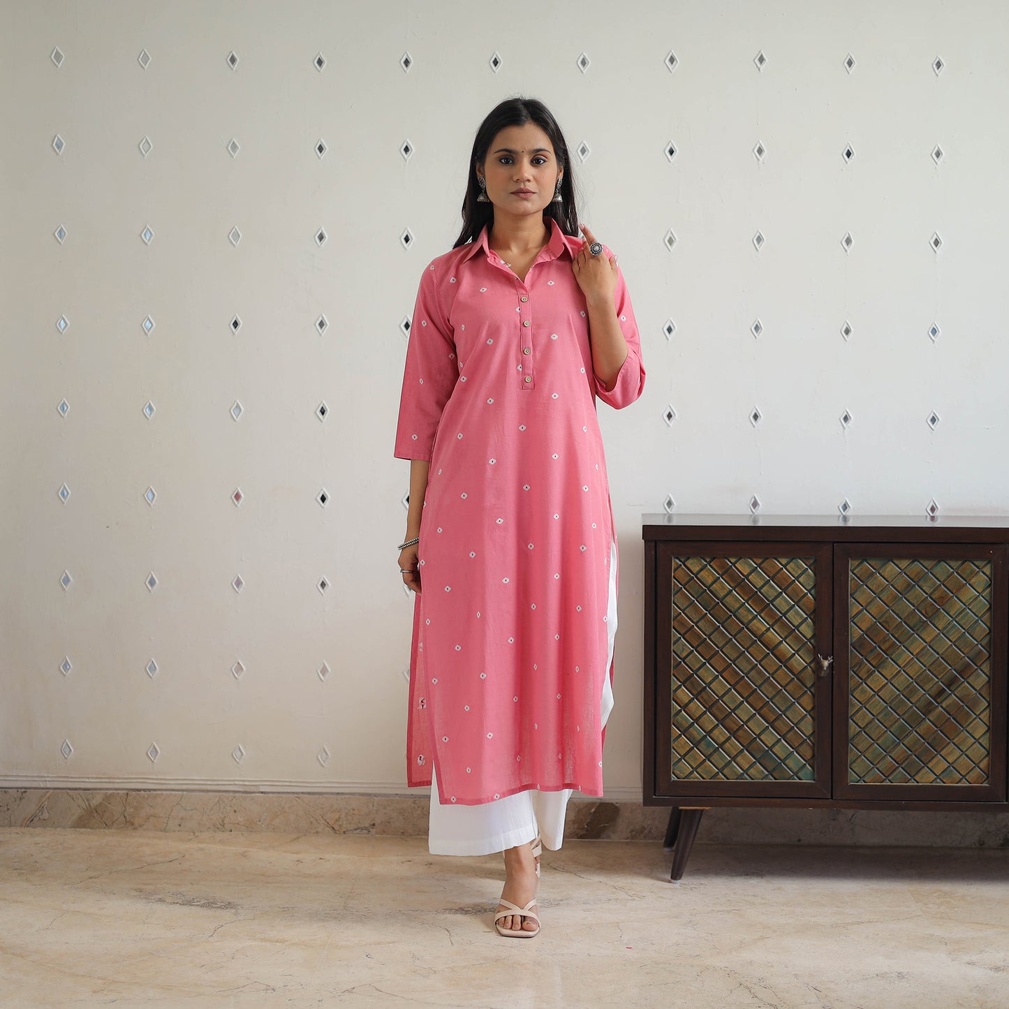 Pink - Pure Cotton Straight Jacquard Kurta 14