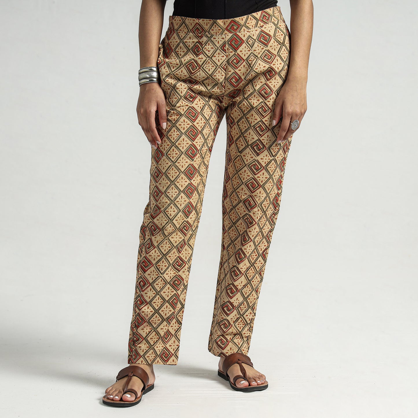 Beige - Kalamkari Block Printed Cotton Elasticated Pant
