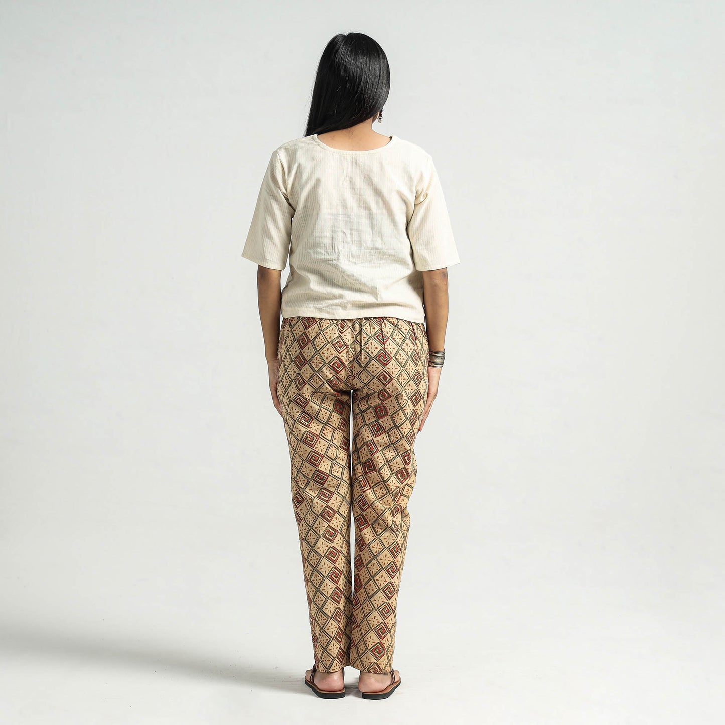Beige - Kalamkari Block Printed Cotton Elasticated Pant