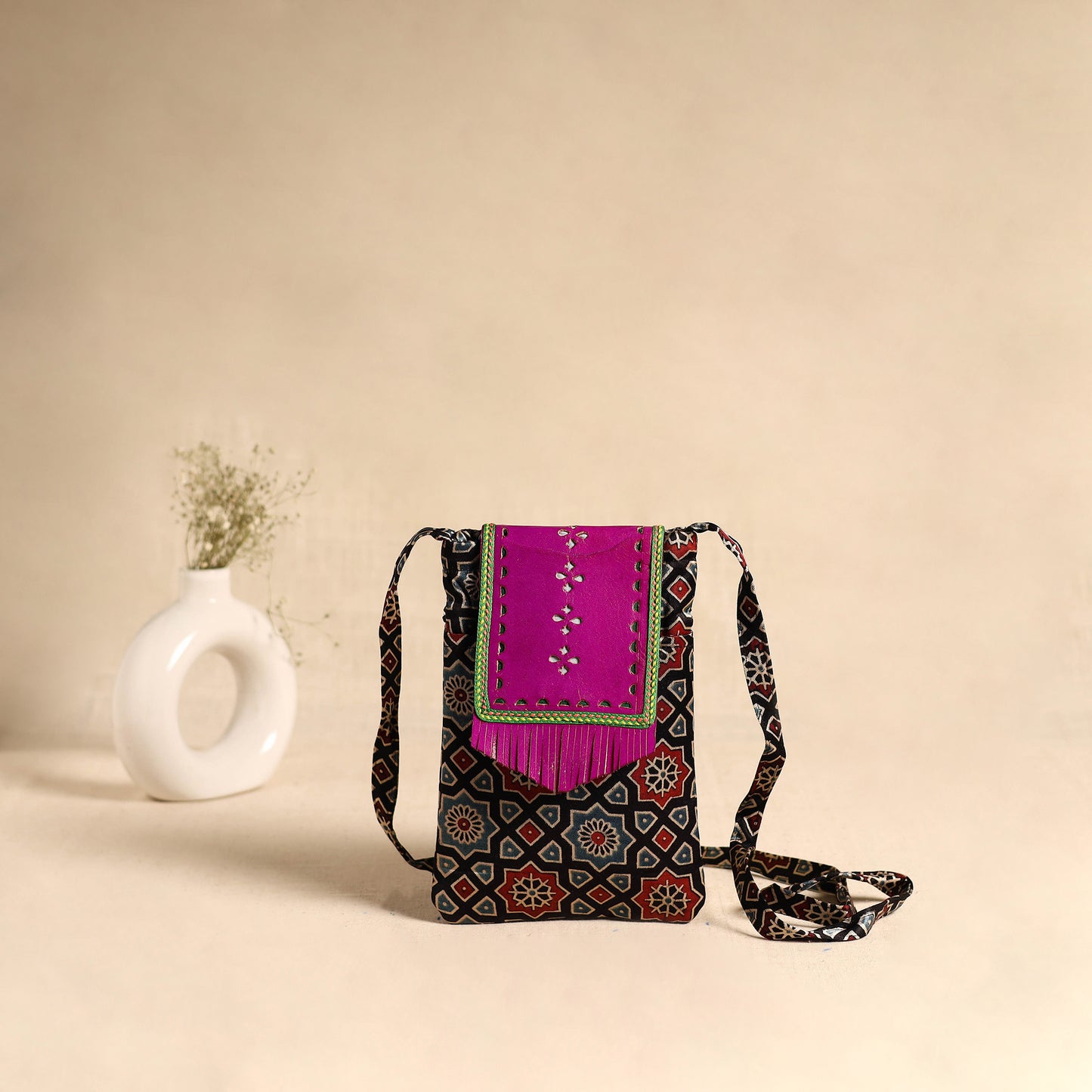 Traditional Kutch Mashru Silk Leather Flap Sling Bag 64