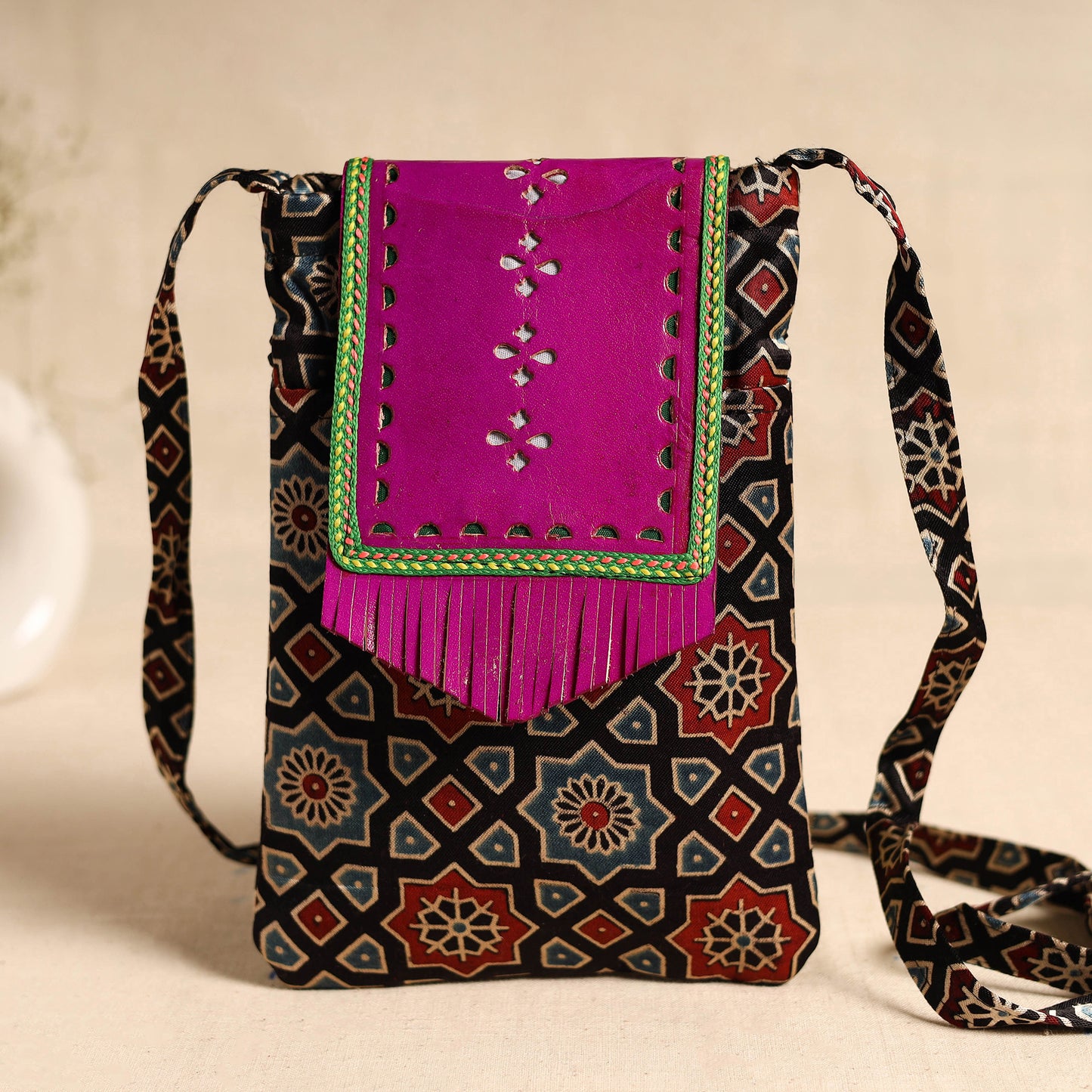 Traditional Kutch Mashru Silk Leather Flap Sling Bag 64