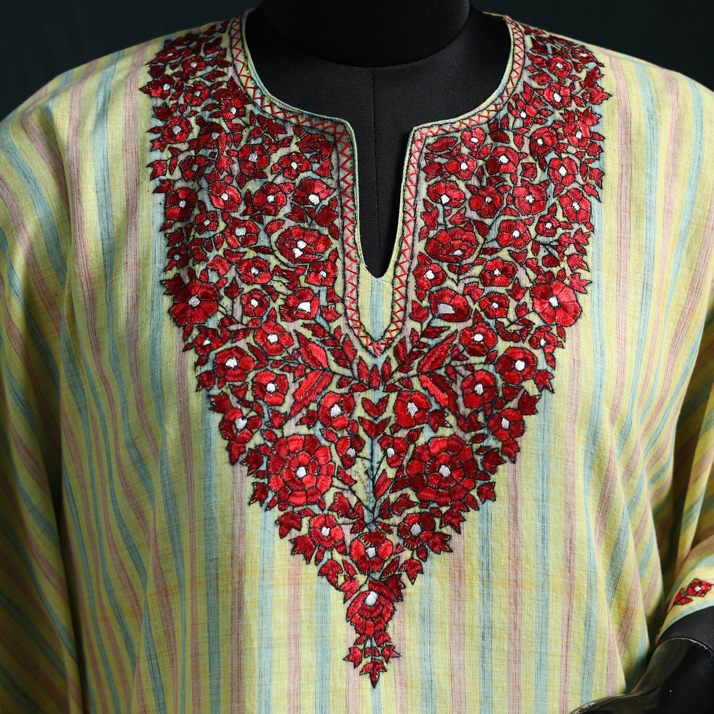 Yellow - Kashmiri Kashida Hand Embroidered Cotton Kaftan (Medium) 01