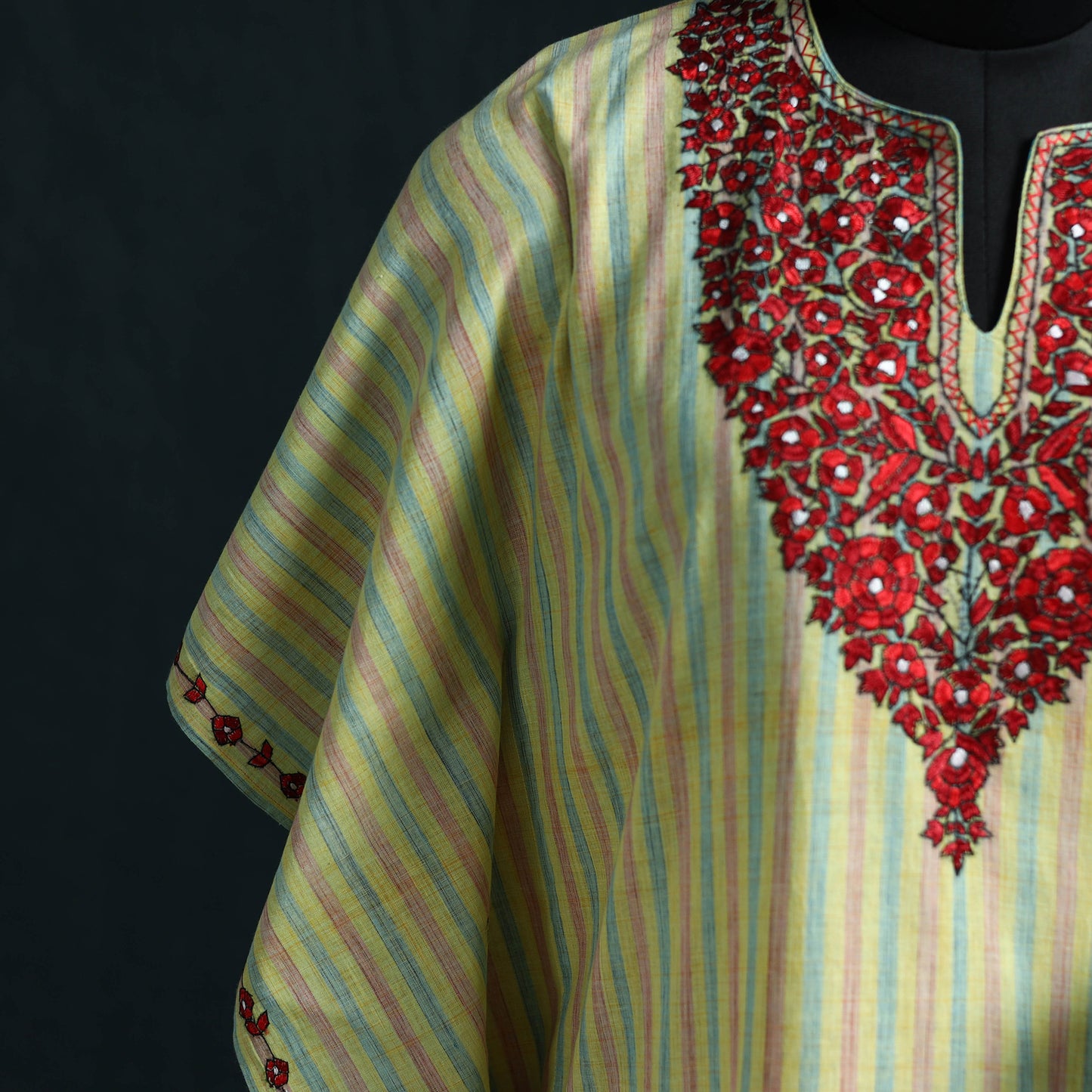 Yellow - Kashmiri Kashida Hand Embroidered Cotton Kaftan (Medium) 01
