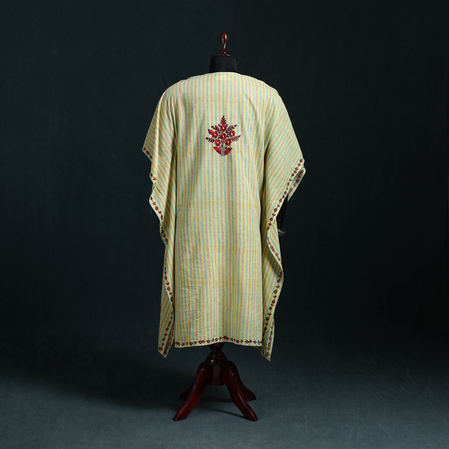 Yellow - Kashmiri Kashida Hand Embroidered Cotton Kaftan (Medium) 01
