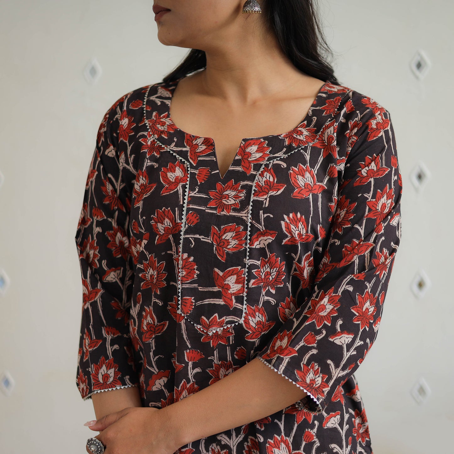 Red Block Printed Cotton Gota Work Long Bagru Kurta