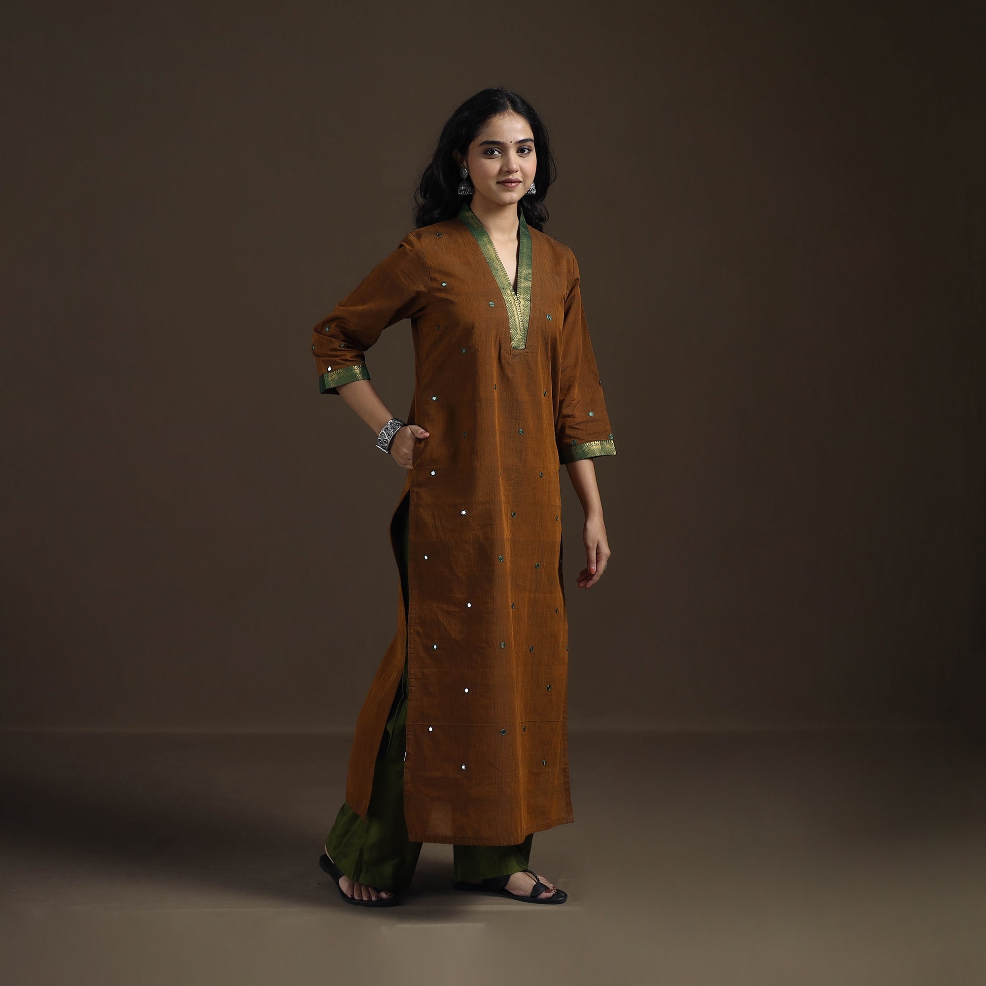 Brown - Mangalagiri Pure Handwoven Cotton Mirror Work Straight Long Kurta for women 10