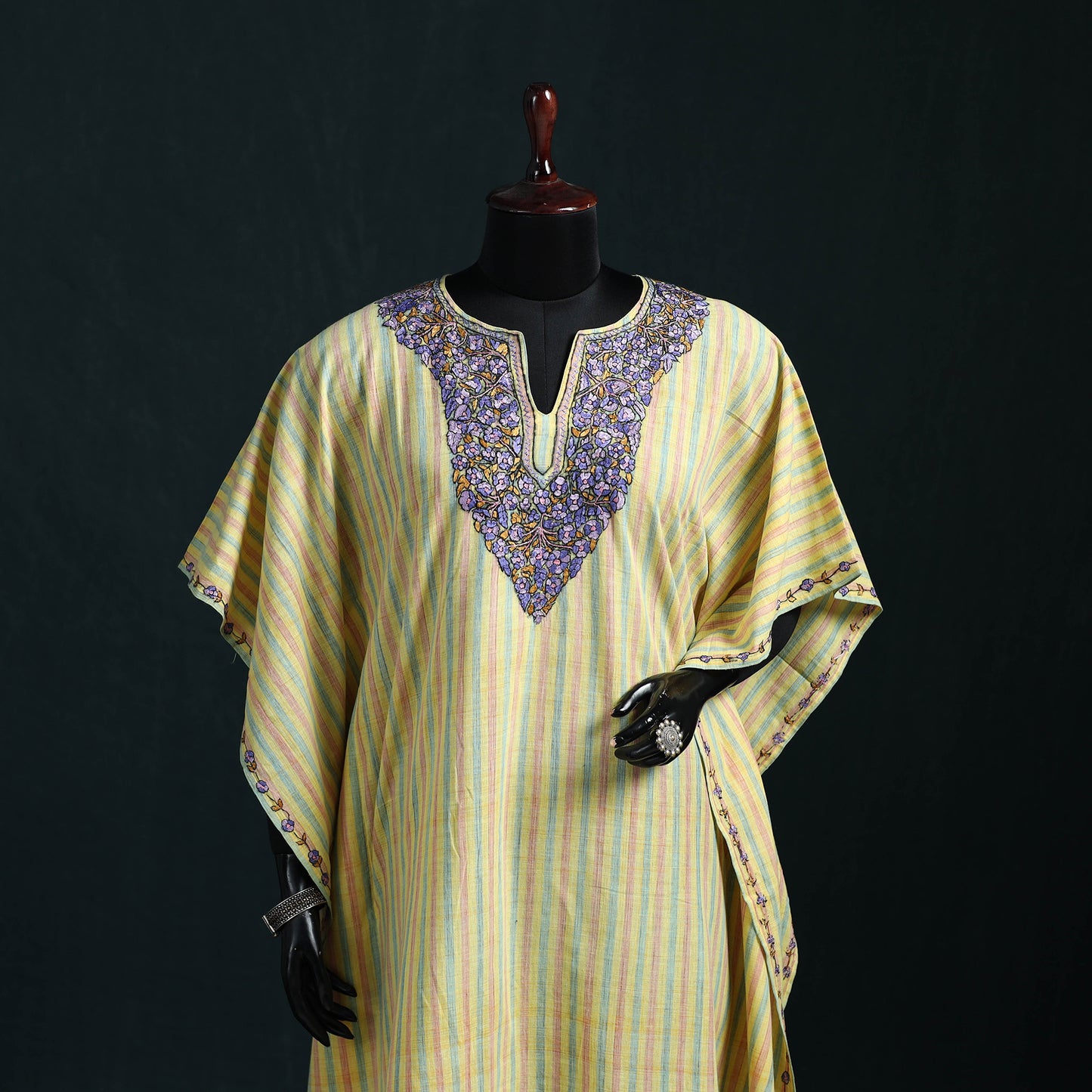 Yellow - Kashmiri Kashida Hand Embroidered Cotton Kaftan (Medium) 02