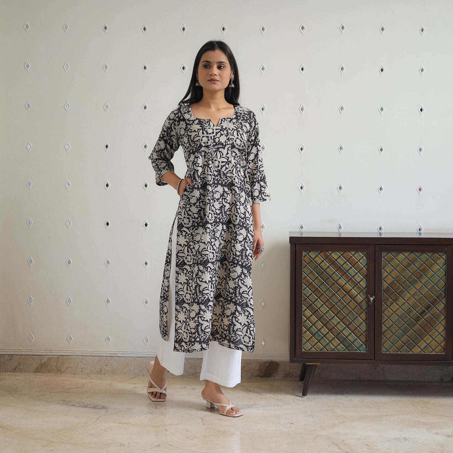 Black Block Printed Cotton Gota Work Long Bagru Kurta