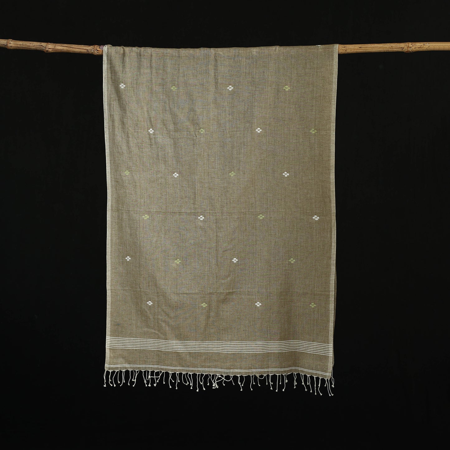Brown - Burdwan Jamdani Handloom Cotton Stole with Tassels 09